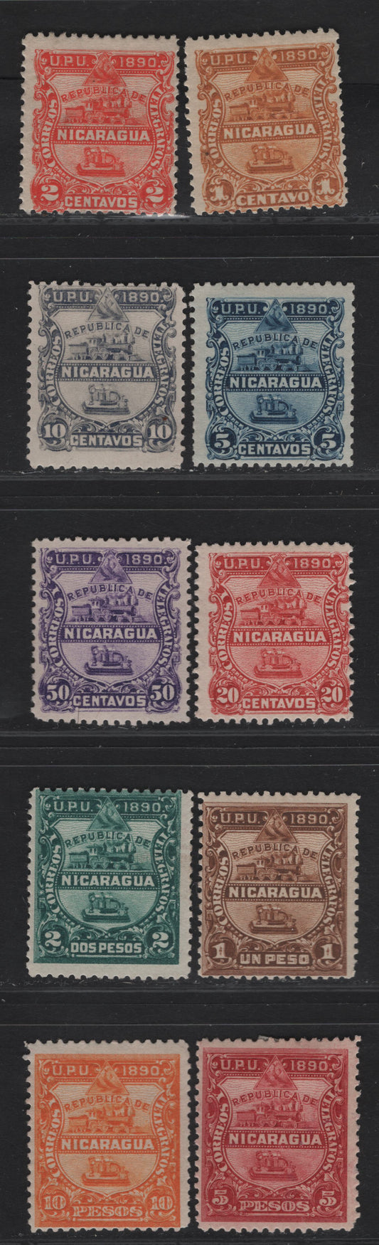 Lot 208 Nicaragua SC#20-29 1c - 10o Yellow Brown - Orange Train & Telegraph Key, 1890 Seebeck Issue, 10 VG/FOG Singles