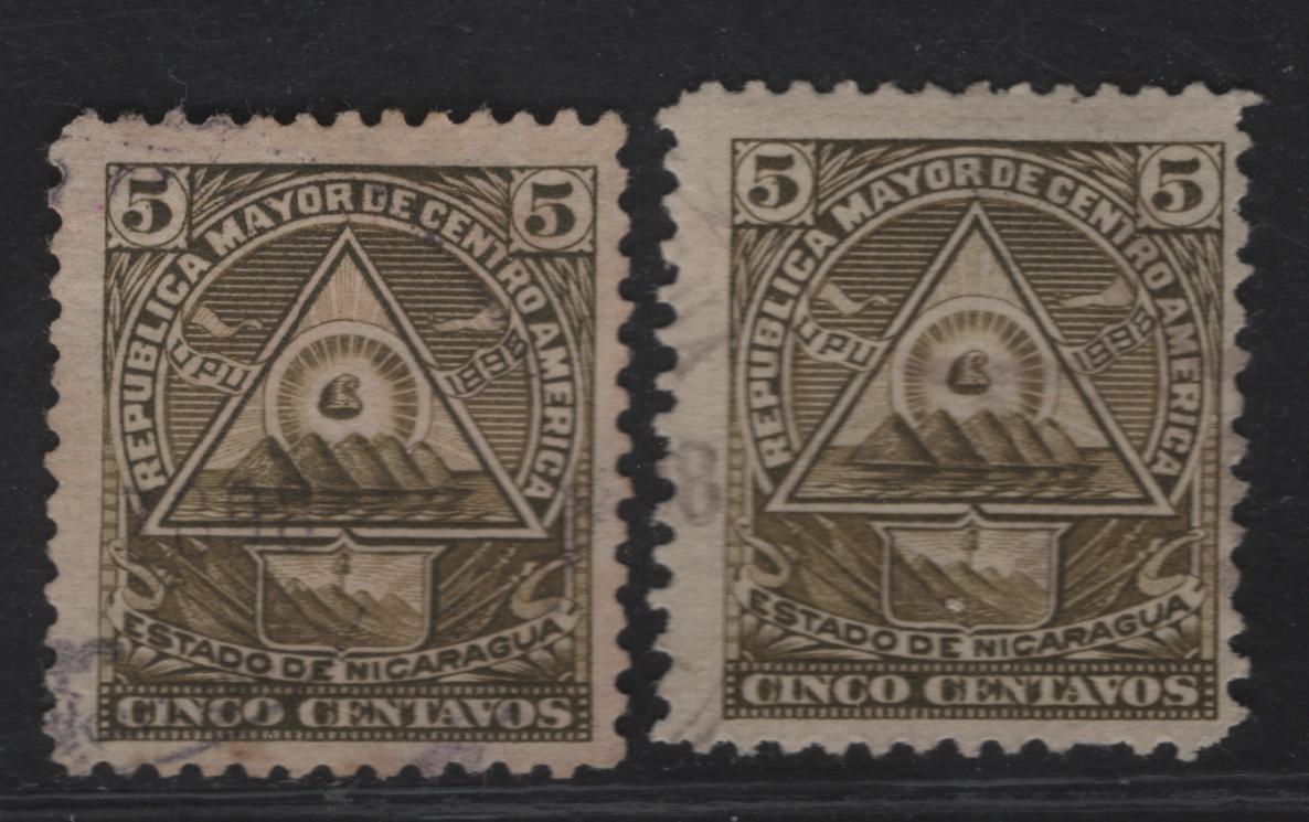 Lot 209 Nicaragua SC#102 5c - 3c Olive Green Coat of Arms, 1898 Coat of Arms Issue, 2 Fine Used Singles, Unwatermarked, Genuine Original On Thinner Horizontal Wove Paper, Two Slightly Different Shades