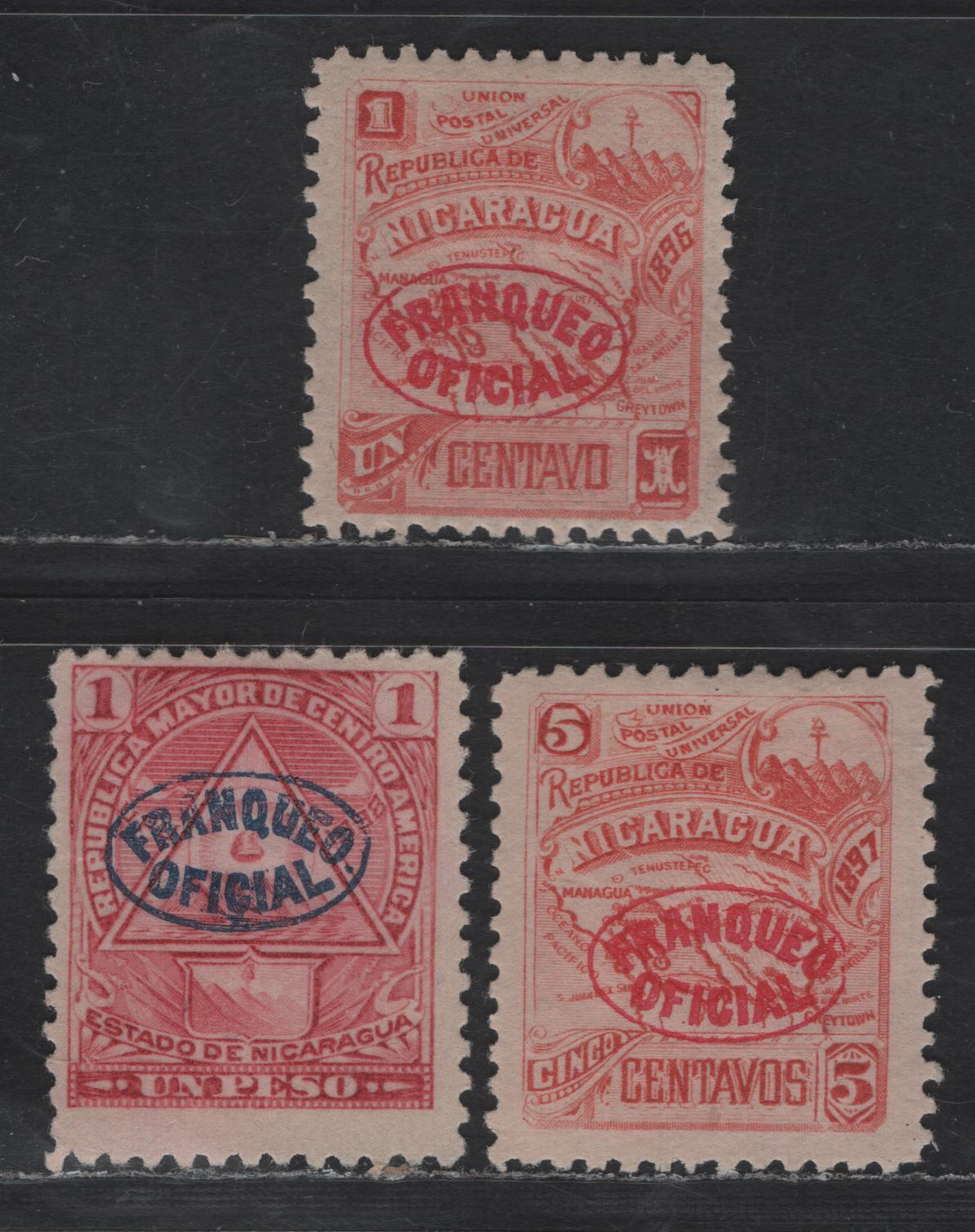 Lot 210 Nicaragua SC#O82, O102,O126 1c - 1p Red - Carmine Seebeck, 1896-1898 Official Overprinted Issue, 3 F/VFOG & Unused Singles, Original Printings On Thin Paper With Horizontal Mesh