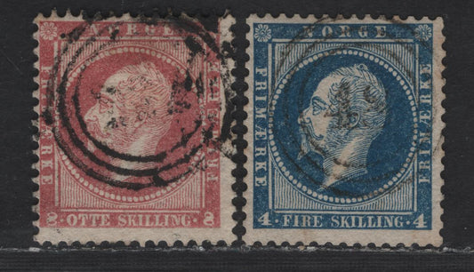 Lot 211 (C) Norway SC#4, 5a 4s - 8s Dark Blue - Lilac Red King Oscar I, 1856-1857 King Oscar I Issue, 2 Very Good/Fine Used Singles, 4s Has A #42 Cancel