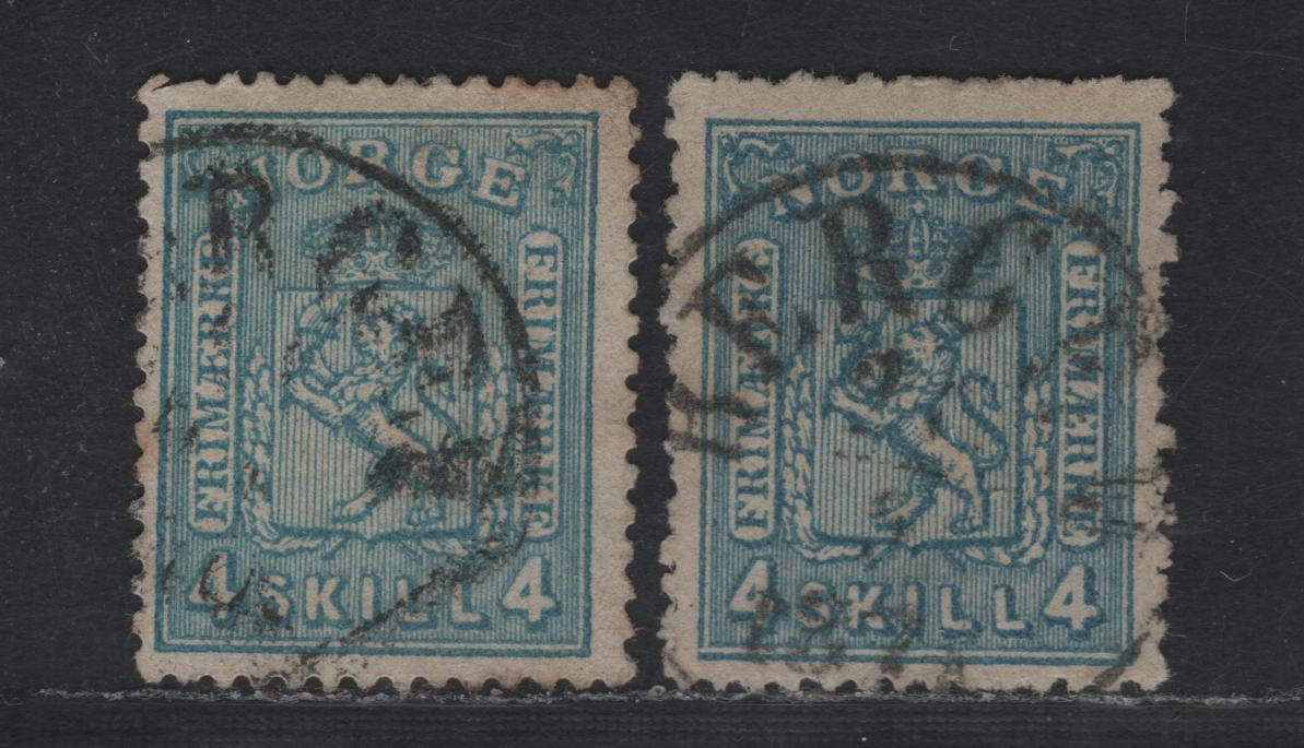 Lot 213 Norway SC#14, 14a 4s - 8s Blue & Greenish Blue Coat of Arms, 1867-1868 Coat of Arms Issue, 2 Fine/Very Fine Used Singles, Thin & Thick Papers, Vertical Lined Background