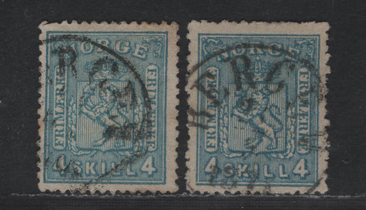 Lot 213 Norway SC#14, 14a 4s - 8s Blue & Greenish Blue Coat of Arms, 1867-1868 Coat of Arms Issue, 2 Fine/Very Fine Used Singles, Thin & Thick Papers, Vertical Lined Background