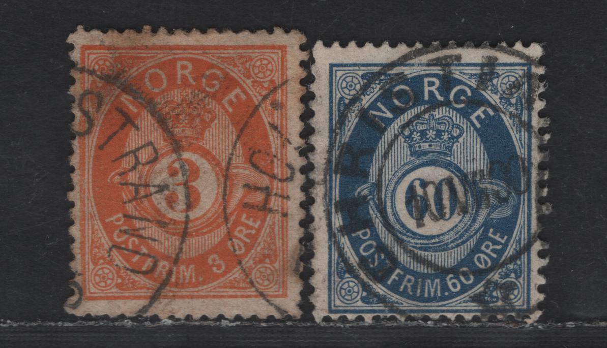 Lot 214 Norway SC#23, 31 3o - 60o Orange - Dark Blue Posthorns, 1877-1878 Posthorn Issue, 2 Fine Used Singles, Shaded Ring & Sans-Serif Capitals