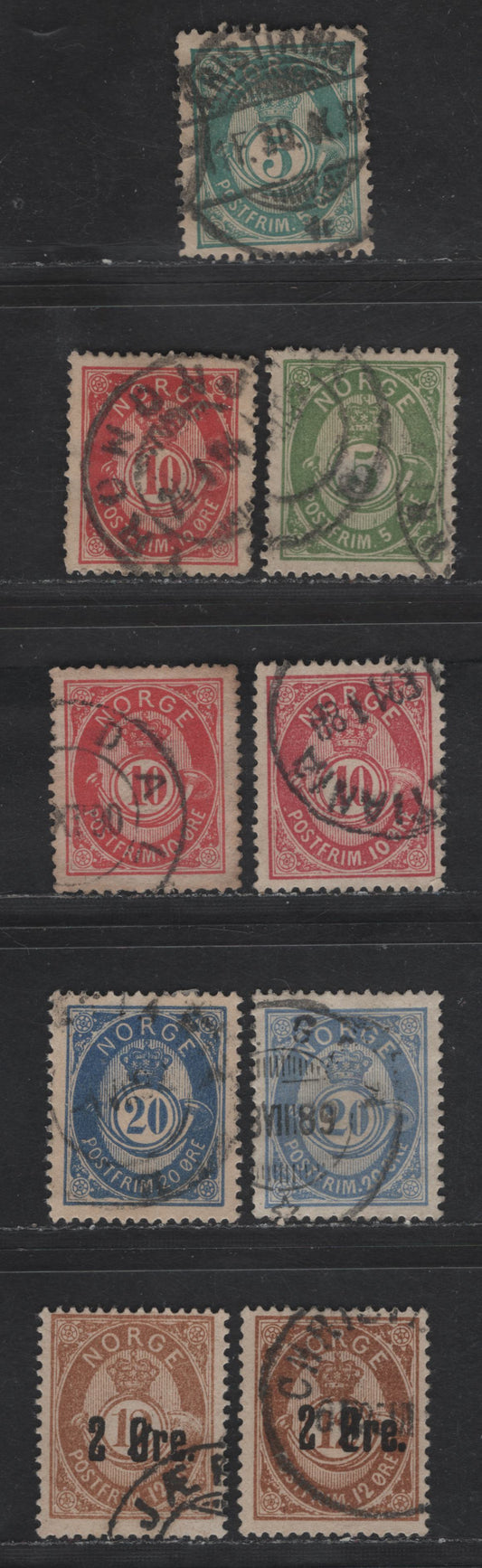 Lot 215 (C) Norway SC#39,c, 40-b, 44-a, 46 5o - 2o on 12o Blue Green - Orange Brown Posthorn, 1882-1893 Posthorn Issue, 8 Fine/Very Fine Used Singles, Unshaded Rings
