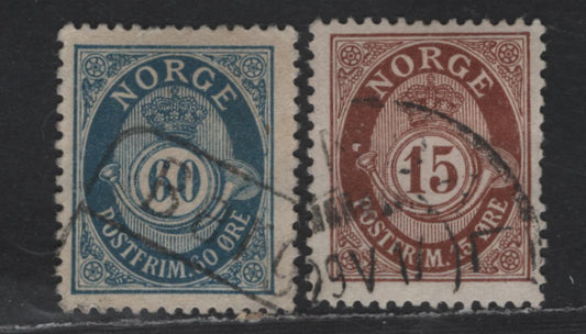 Lot 216 (C) Norway SC#52, 58 15o - 60o Brown - Dark Greenish Blue Posthorn, 1893-1908 Posthorn Issue, 2 Fine/Very Fine Used Singles, Roman Instead Of Sans-Serif Capitals