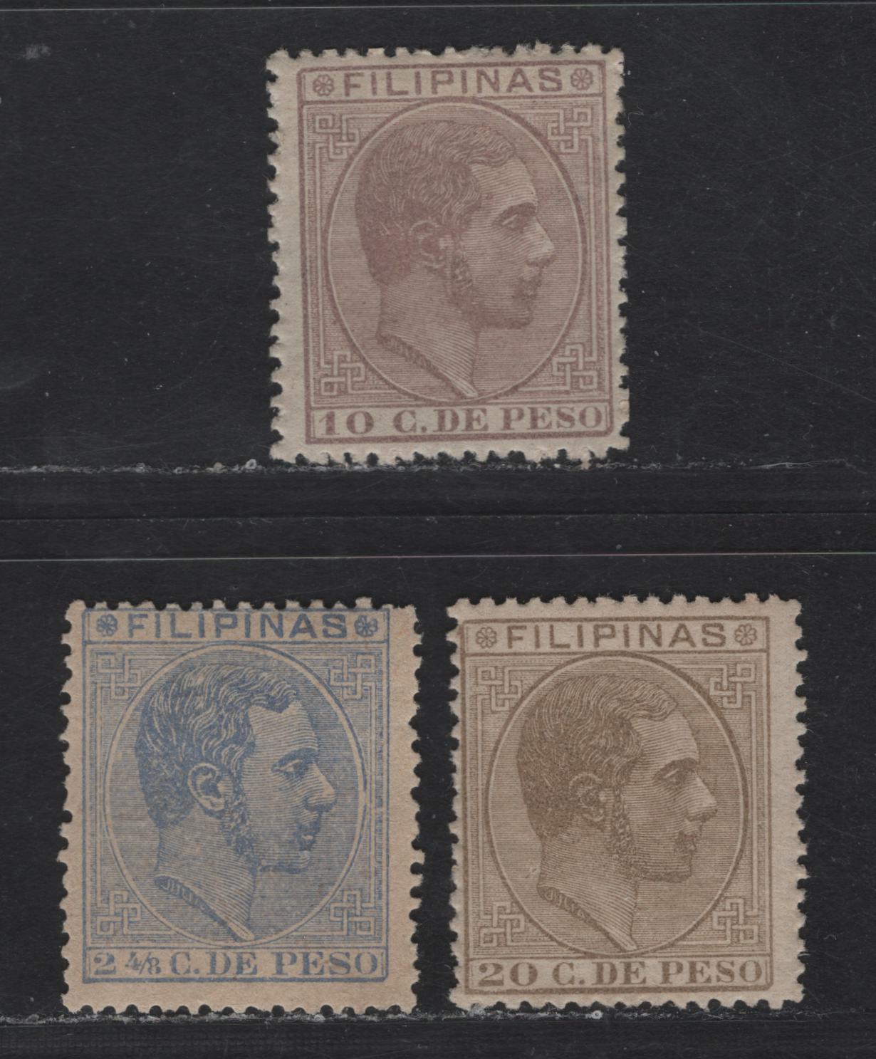 Lot 218 Philippines SC#79, 85, 87 2(4/8)c -20c Ultramarine - Bistre Brown King Alphonso XII, 1880-1886 King Alphonso XII Issue, 3 FOG Singles, The 2(4/8)c Is 1st Retouch
