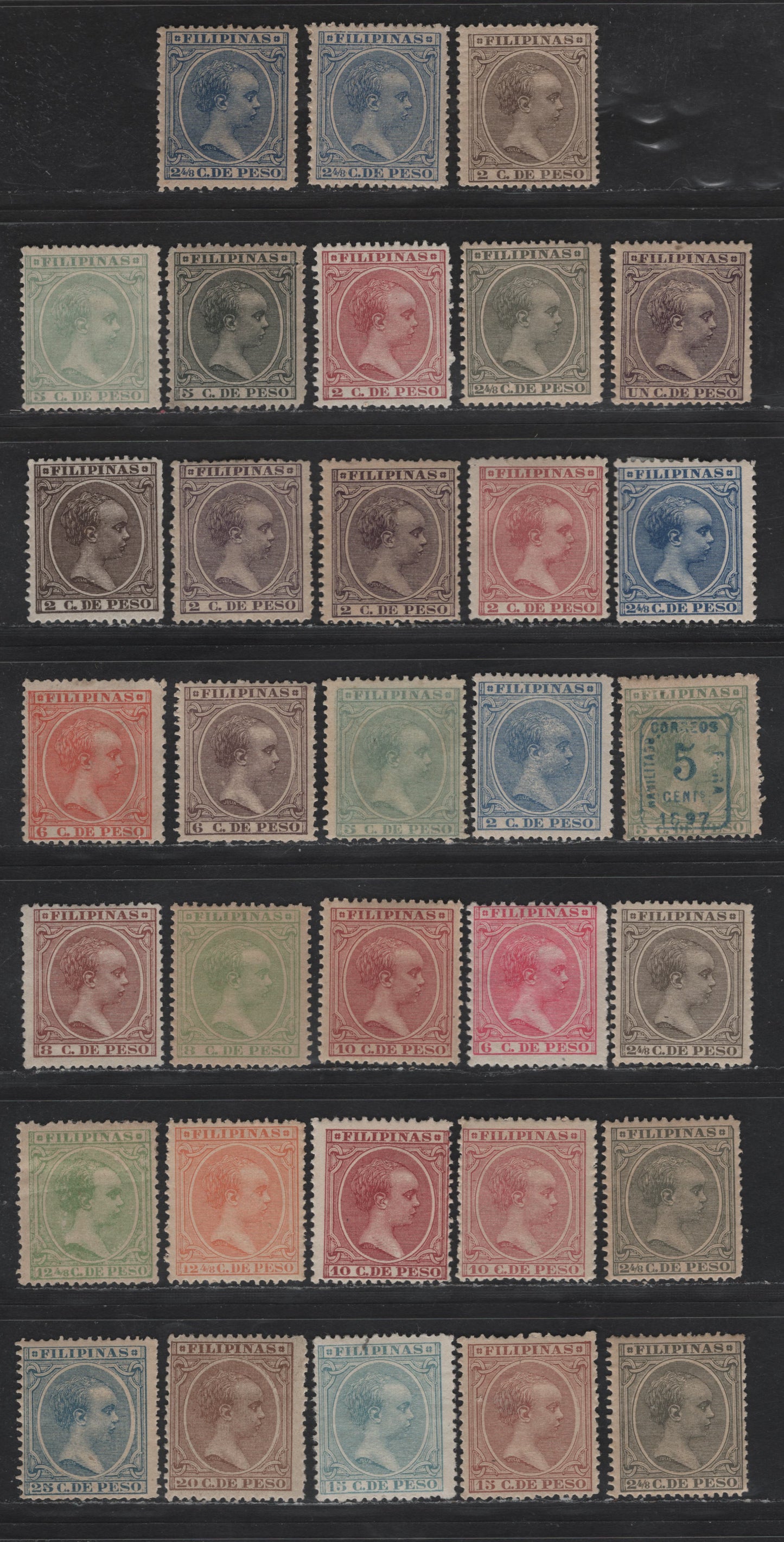 Lot 219 Philippines SC#140, 144-150, 152, 156-160, 162, 164-165, 167-169, 171, 174, 181 1c - 25c Violet - Dull Blue King Alphonso XII, 1890-1897 King Alphonso XII Issue, 24 F/VFOG/NH Singles, 1c & 12(4/8)c Are NH, 8c Has traces Of Gum, Shade Varieties