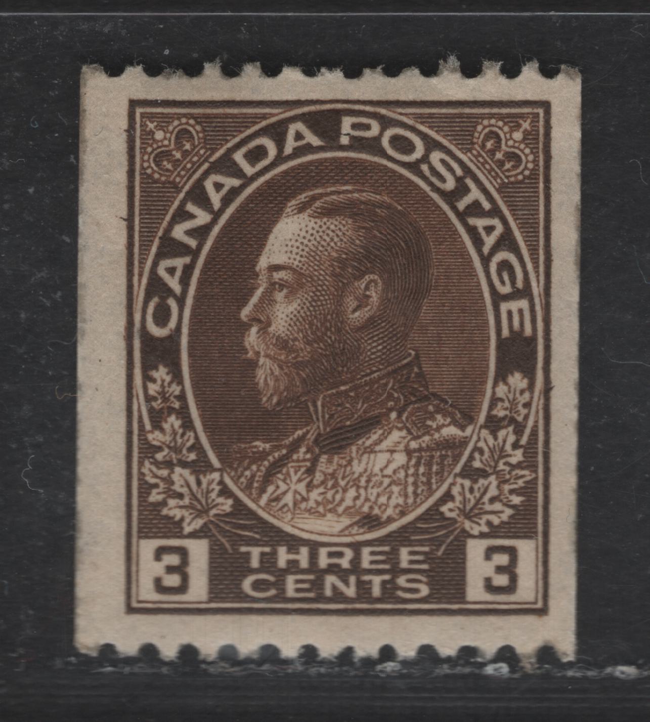 Lot 22 Canada #134 3c Dark Brown King George V, 1915-1924 Admiral Coil Issue, A FOG Single, Perf 12 Horizontal.