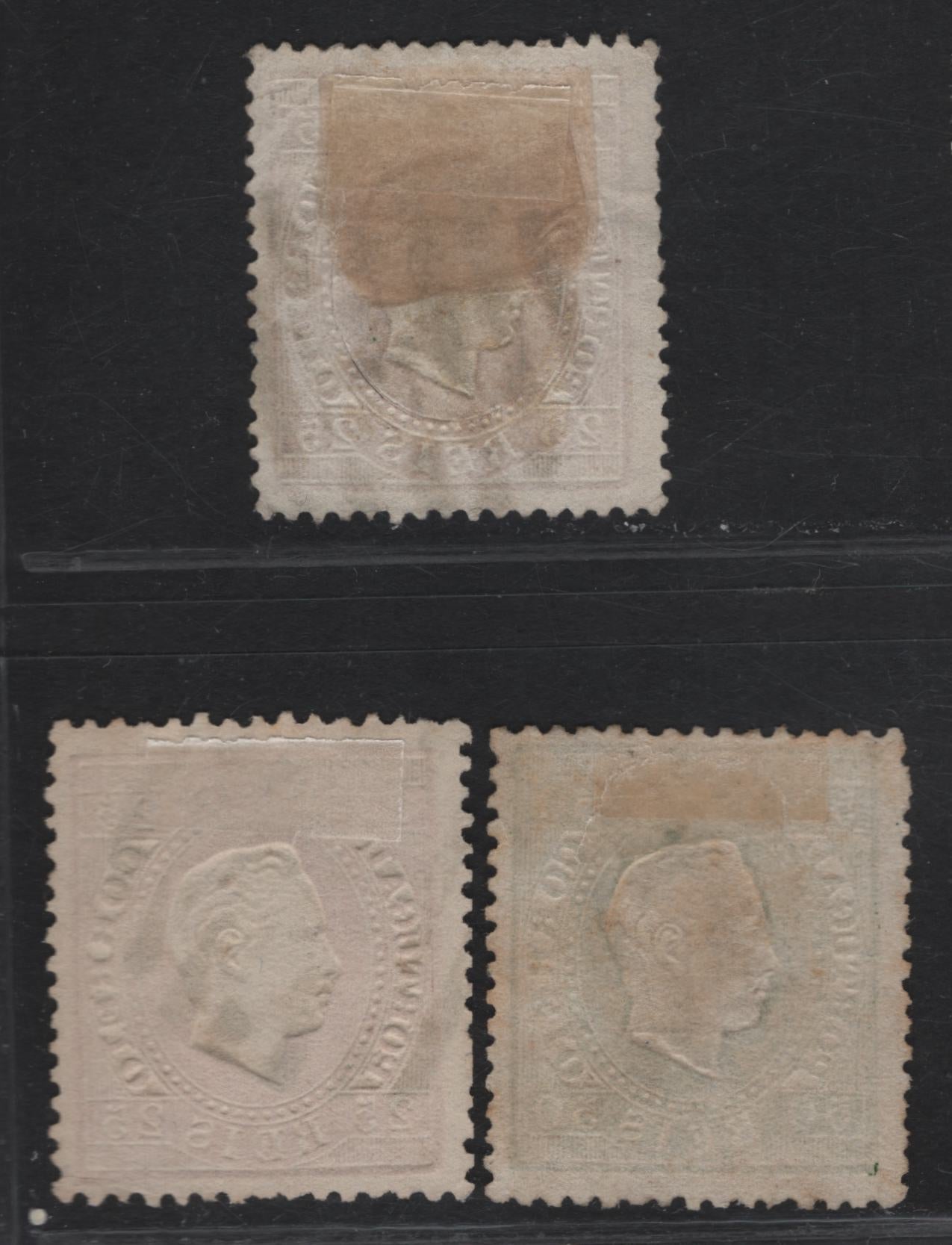 Lot 222 Ponta Delgada SC#41,d, 42 25r - 50r Rose - Yellow Green King Luiz, 1870-1884 King Luiz Embossed Sidefaces Issue, 3 Fine Used Singles, Perfs 12.5 & 13.5