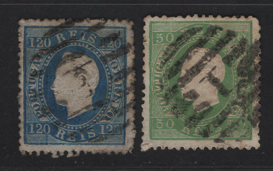 Lot 223 (C) Ponta Delgada SC#42, 46 50r - 120r Yellow Green - Blue King Luiz, 1870-1884 King Luiz Embossed Sidefaces Issue, 2 Very Good/Fine Used Singles, Perf 12.5