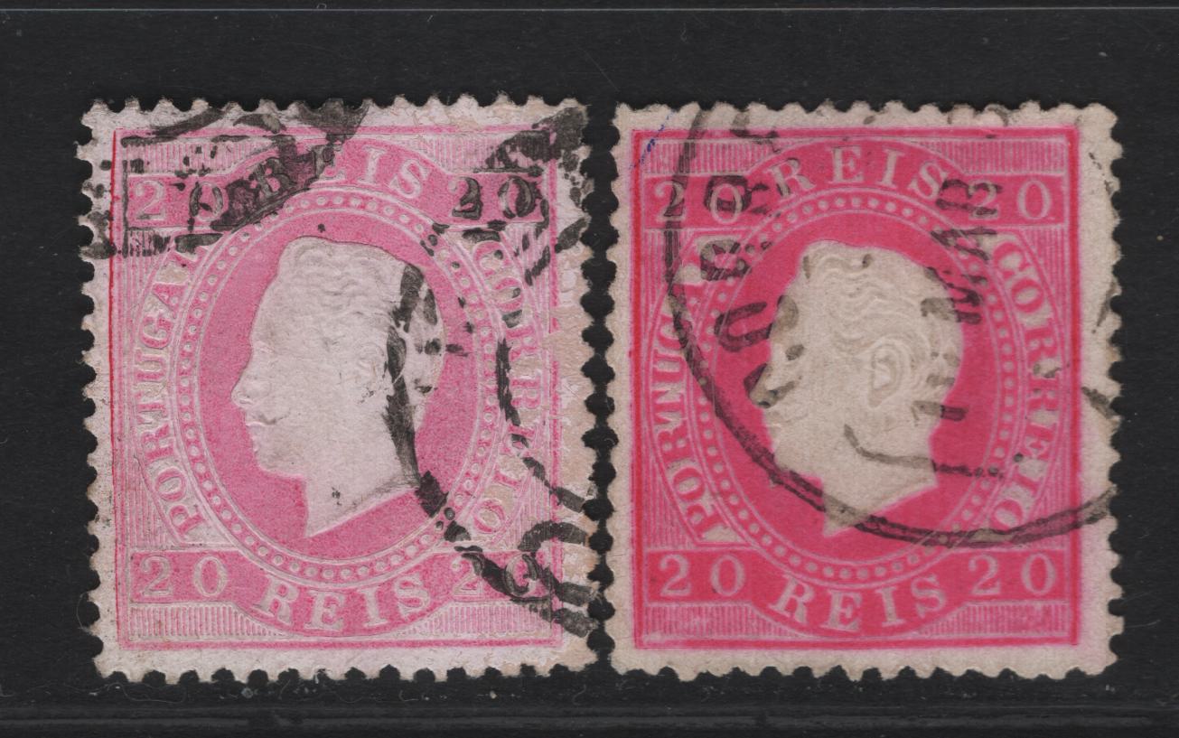 Lot 224 Portugal SC#39e 20r Rose King Luiz, 1870-1884 King Luiz Embossed Sidefaces Issue, 2 Very Fine Used Singles, Perf 12.5, Enamel Surface Paper, 2 Shades.