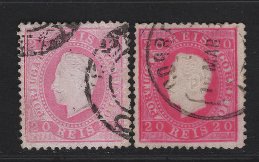 Lot 224 Portugal SC#39e 20r Rose King Luiz, 1870-1884 King Luiz Embossed Sidefaces Issue, 2 Very Fine Used Singles, Perf 12.5, Enamel Surface Paper, 2 Shades.