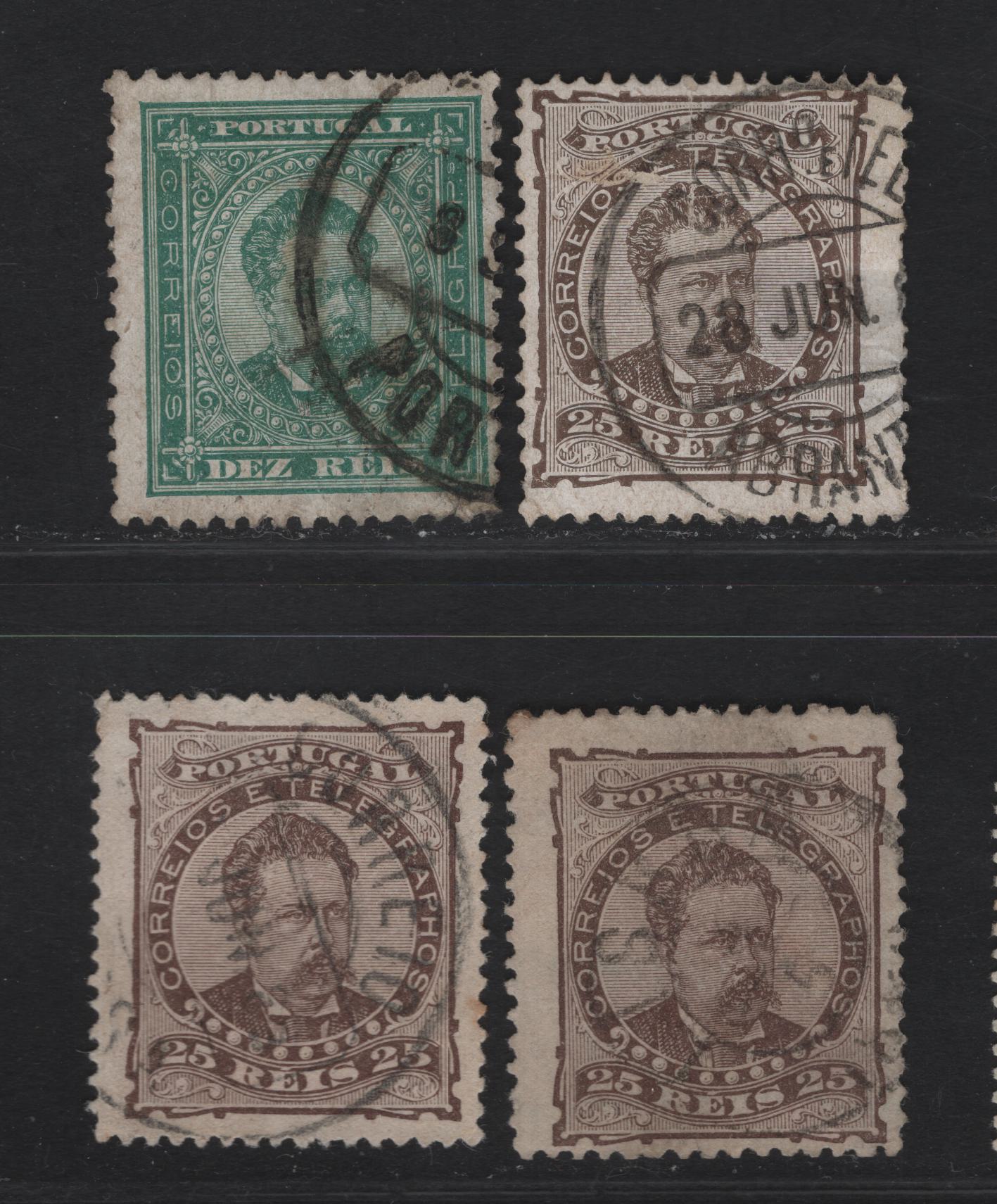 Lot 229 (C) Portugal SC#59a, 60a-c 10r - 25r Green - Brown King Luiz, 1882-1887 King Luiz 3/4 Face Issue, 4 Fine/Very Fine Used Singles, 10r Perf 12.5, 25r Perf 12.5 On Plain & Enamelled Paper & Perf 13.5 On Plain Paper