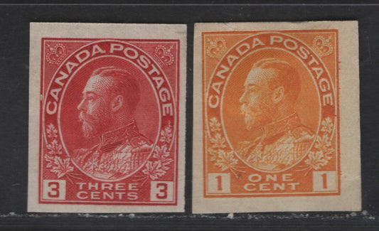 Lot 23 Canada #136, 138 1c & 3c Yellow - Carmine Red King George V, 1915-1924 Admiral Imperforate Issue, 2 F/VFOG Imperf Singles.