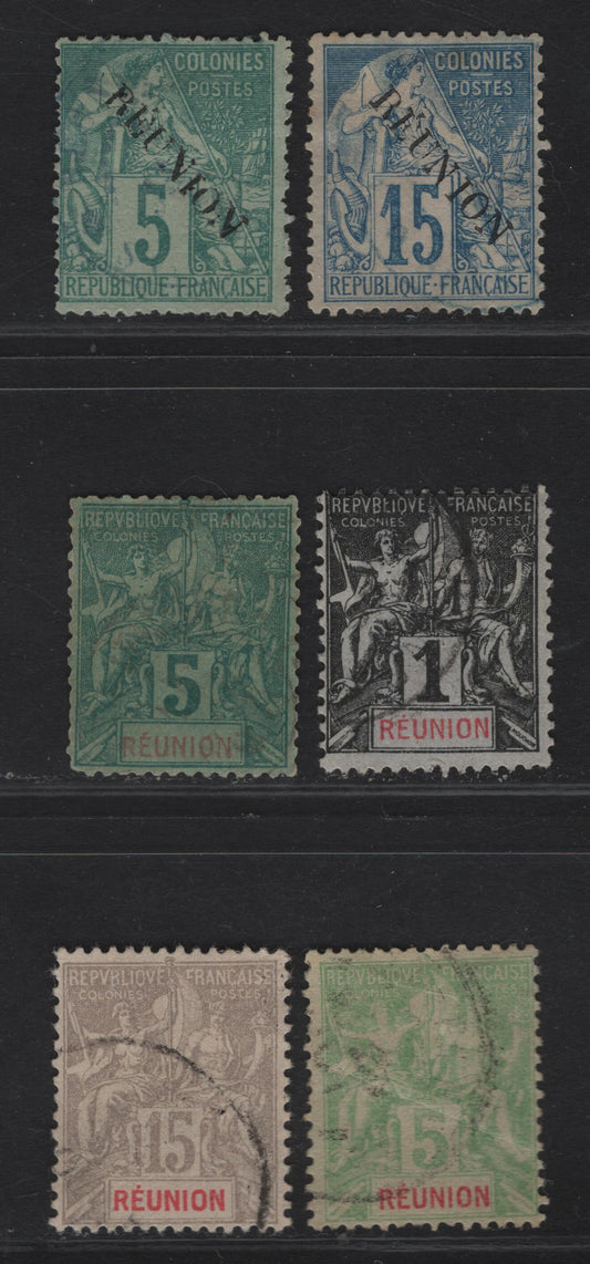 Lot 239 Reunion SC#20, 22, 34, 37-38, 42 5c - 15c Green on Greenish - Gray Peace & Commerce - Navigation & Commerce, 1891-1905 Overprints - Navigation & Commerce Issues, 6 Fine/Very Fine Used SIngles