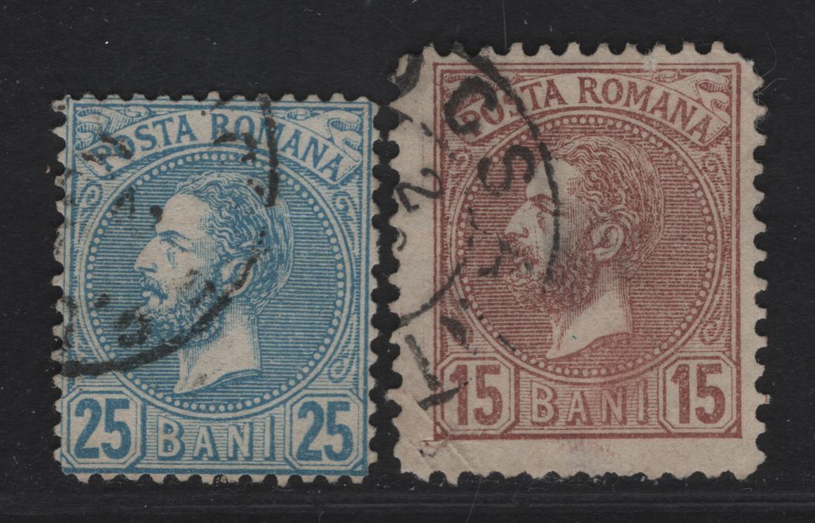 Lot 250 Romania SC#73-74 15b - 25b Brown - Blue King Carol I, 1880 King Carol I 3/4 Face Portrait, 2 Fine/Very Fine Used Singles