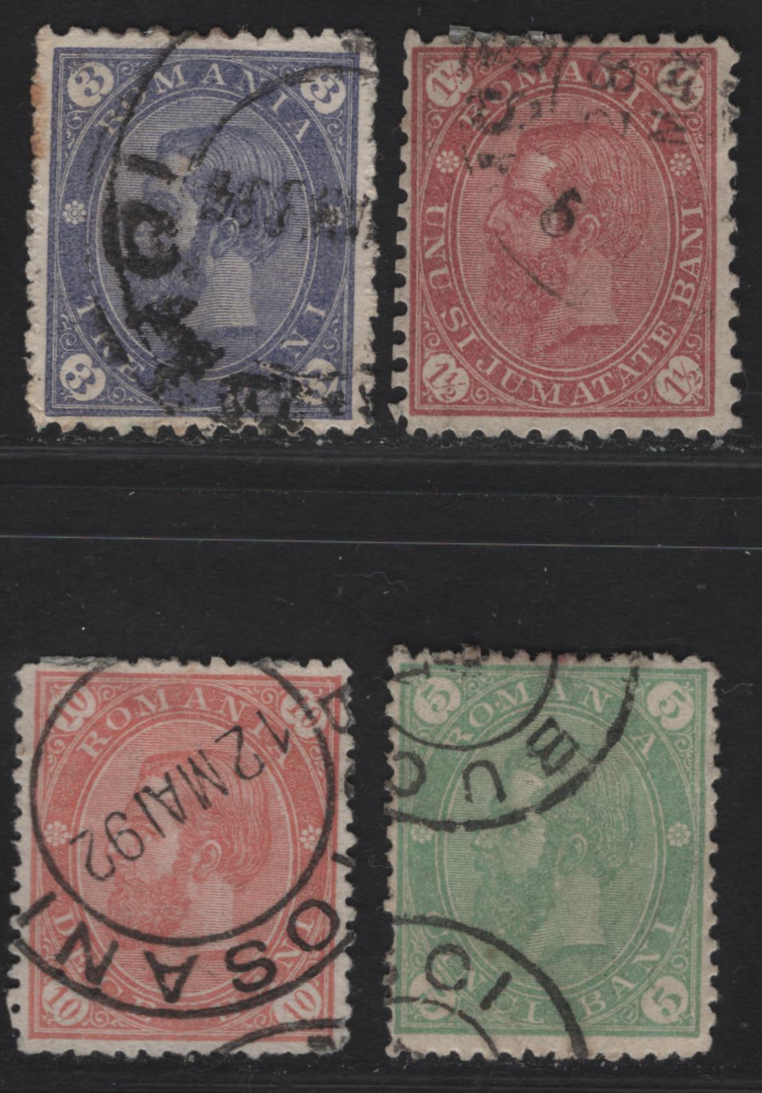 Lot 253 Romania SC#101, 102a, 103-104 1.5b - 10b Lilac Rose - Pale Red King Carol I, 1891 King Carol I Issue, 4 Very Fine Used Singles, Unwatermarked