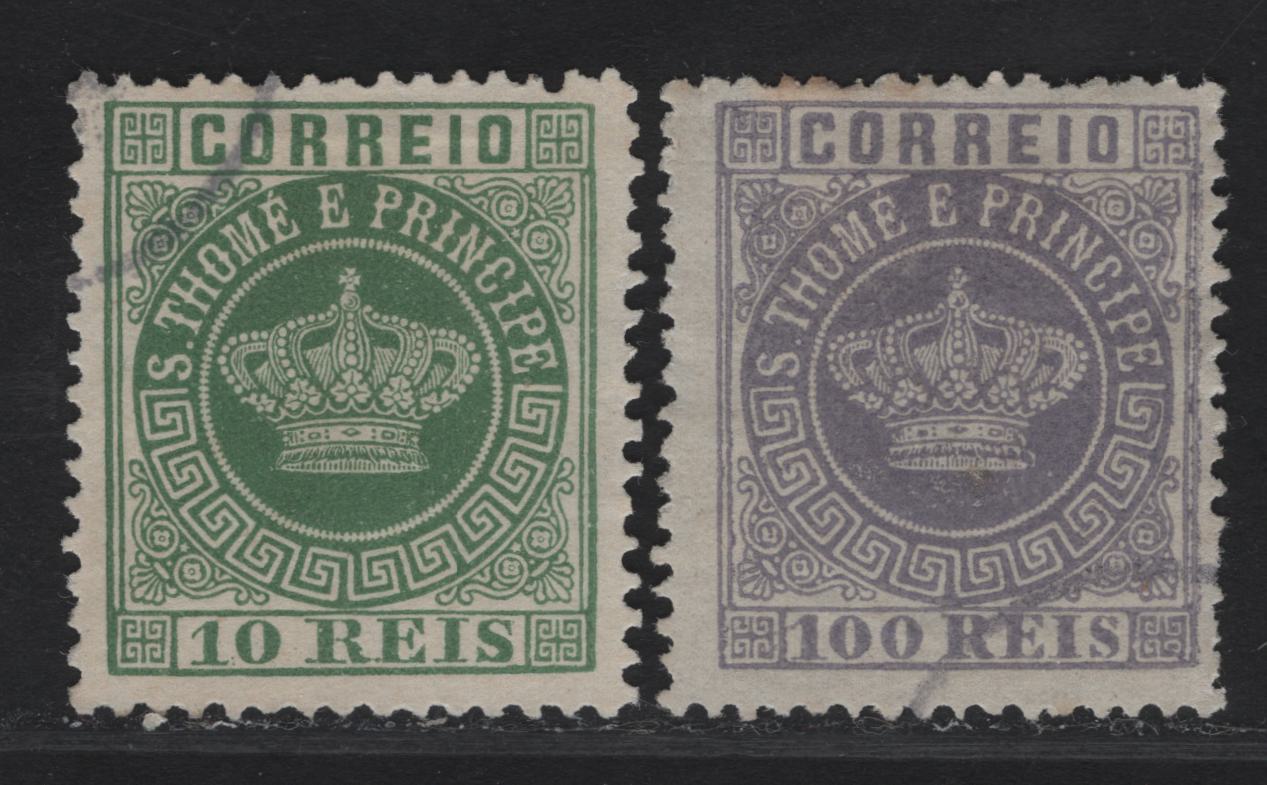Lot 267 St Thomas & Prince SC#7, 10a 100r - 10r Gray Lilac - Gray Green Crown, 1875-1885 Crown Issue, 2 Fine/Very Fine Used Singles, Perf 13.5, 10r Type 1
