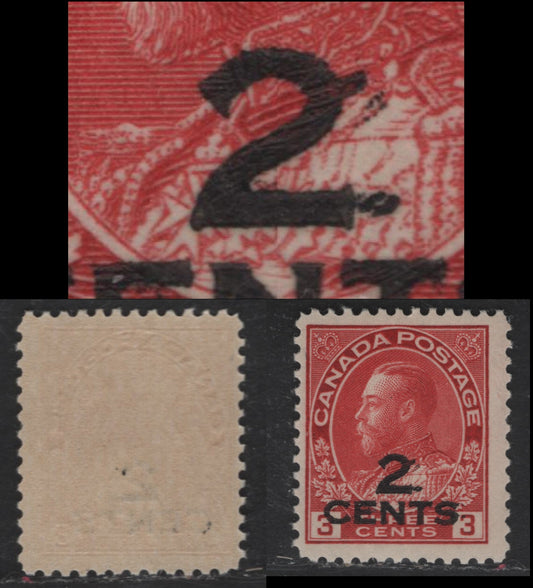 Lot 26 Canada #140var 2c on 3c Carmine King George V, 1926 Admiral Provisional Issue, A FNH Single, Two Line Surcharge, Showing Partial Doubling of '2'.