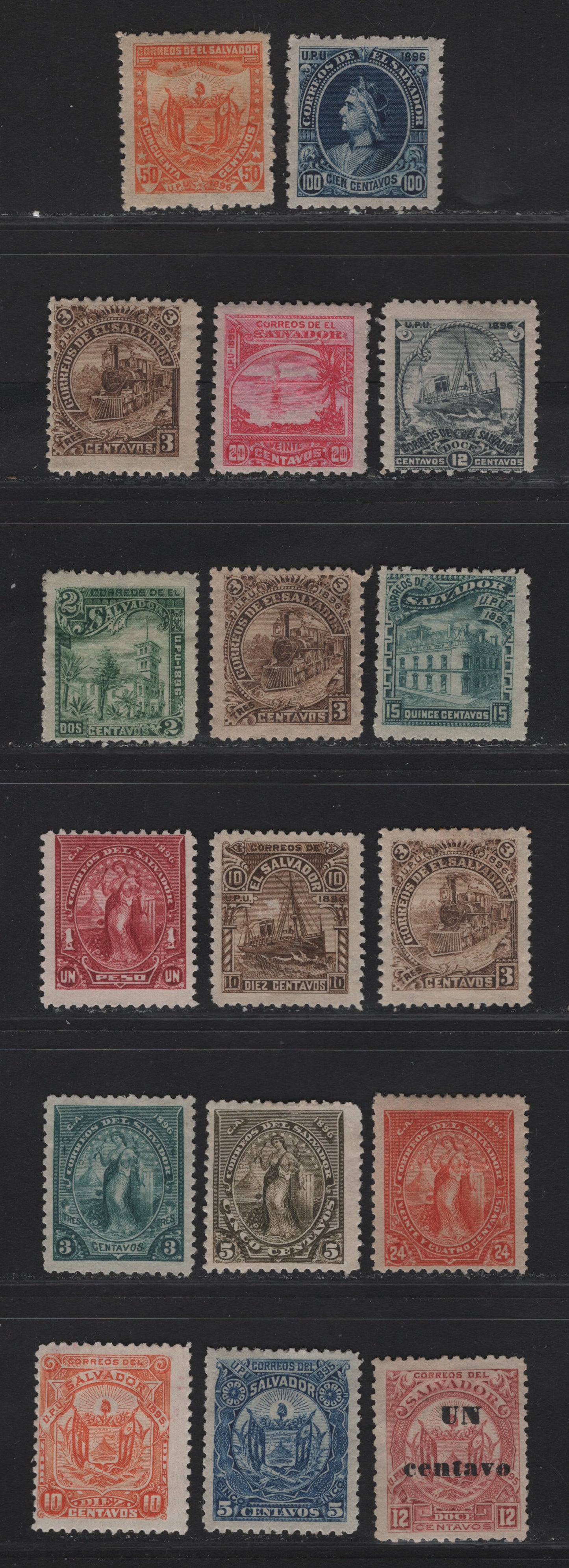 Lot 270 El Salvador SC#102-121, 129, 136-137, 142, 145, 148, 152, 157f-g,j,n,o, 160-161, 170c 10c - 3c Orange - Bistre Brown Seebeck, 1895-1897 Seebeck Issues, 17 F/VFOG & Unused Singles, Horizontal Wove Paper, Hence They Are Originals