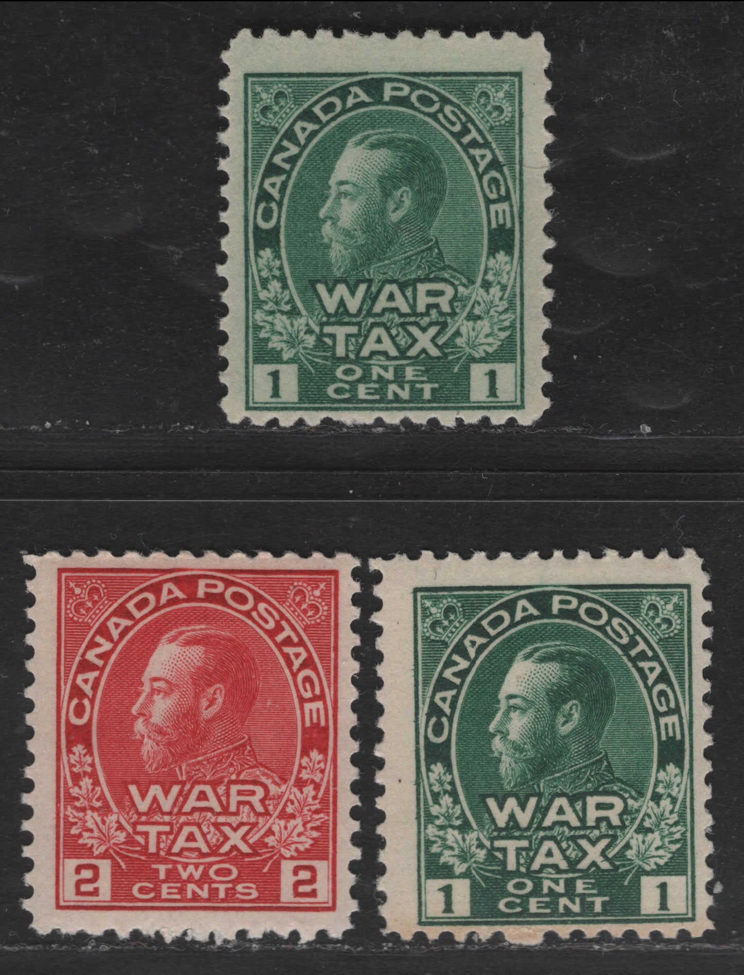 Lot 27 (C) Canada #MR1-MR2 1c -2c Dark Green, Dull Bluish Green & Rose Carmine King George V, 1915 War Tax Issue, 3 FNH Singles, Retouched Framelines.