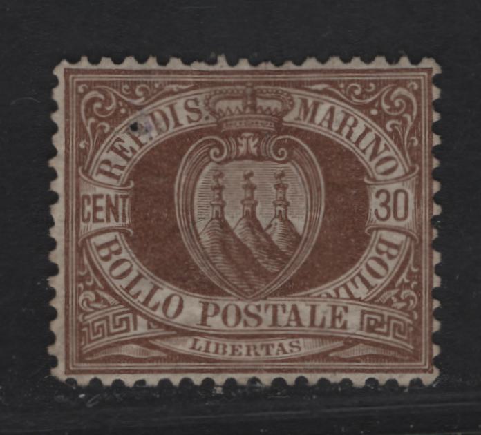 Lot 273 San Marino SC#15 30c Brown Coat of Arms, 1871-1879 Coat of Arms Issue, A Good Used Single, No Gum & Small Pinhole