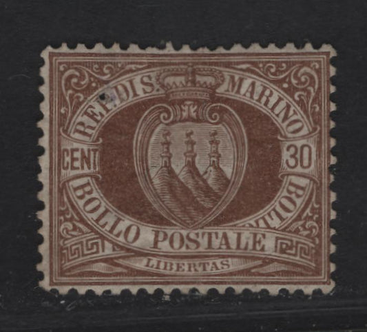 Lot 273 San Marino SC#15 30c Brown Coat of Arms, 1871-1879 Coat of Arms Issue, A Good Used Single, No Gum & Small Pinhole