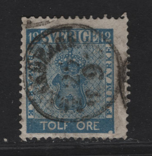 Lot 278 Sweden Facit#9v7 12o Blue Arms, 1858-1862 Arms Issue, A Fine Used Single, Showing Round Incurvation in LR Frame