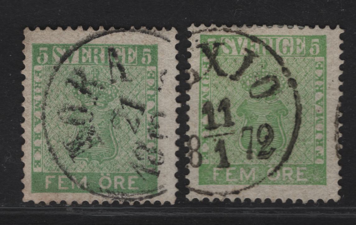 Lot 279 Sweden SC#6 5o Green & Yellow Green Arms, 1858-1862 Arms Issue, 2 Fine Used Singles