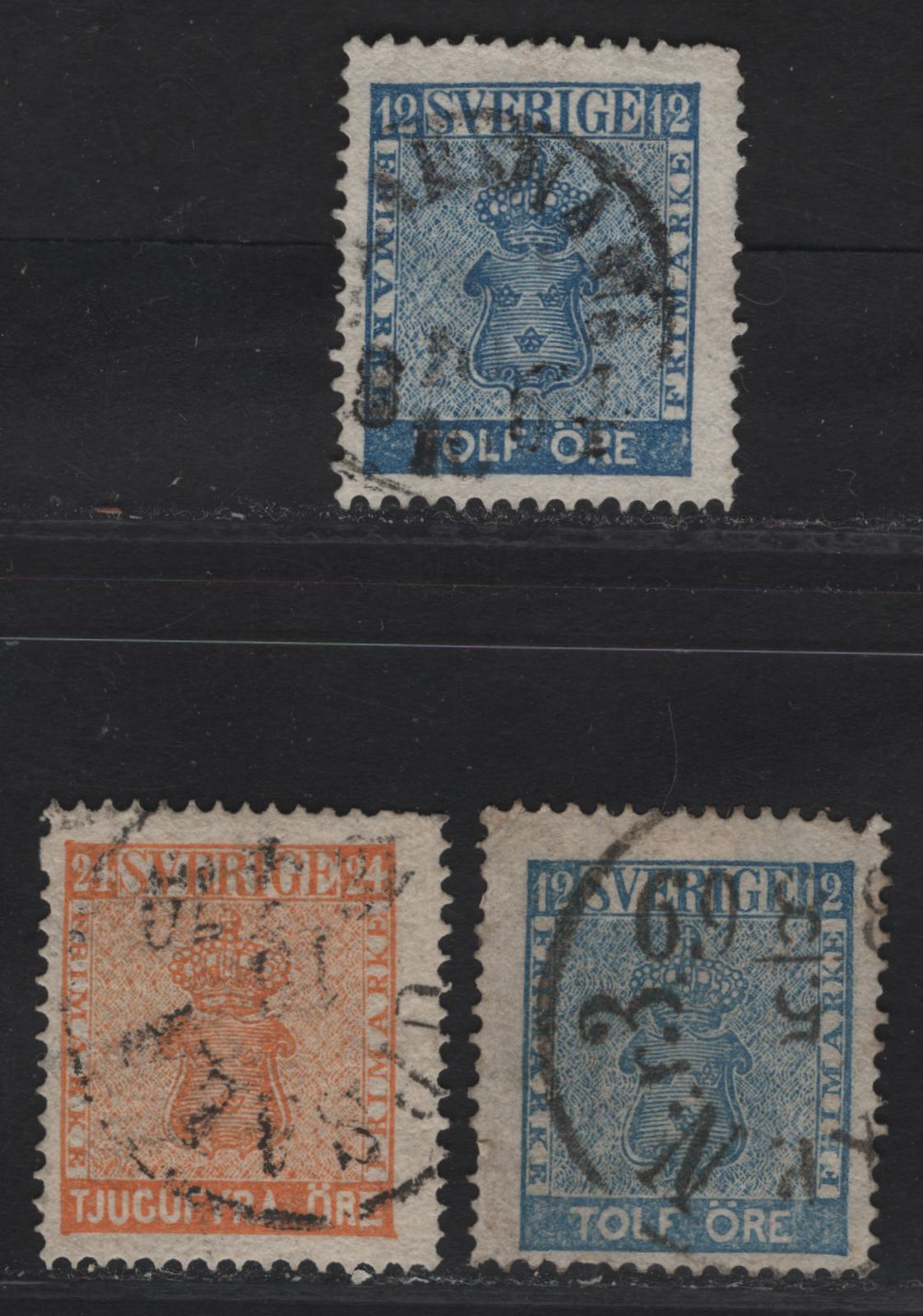 Lot 280 (C) Sweden SC#8, 10 12o - 24o Blue - Orange Arms, 1858-1862 Arms Issue, 3 Fine Used SIngles, Extra Shade Of 12o
