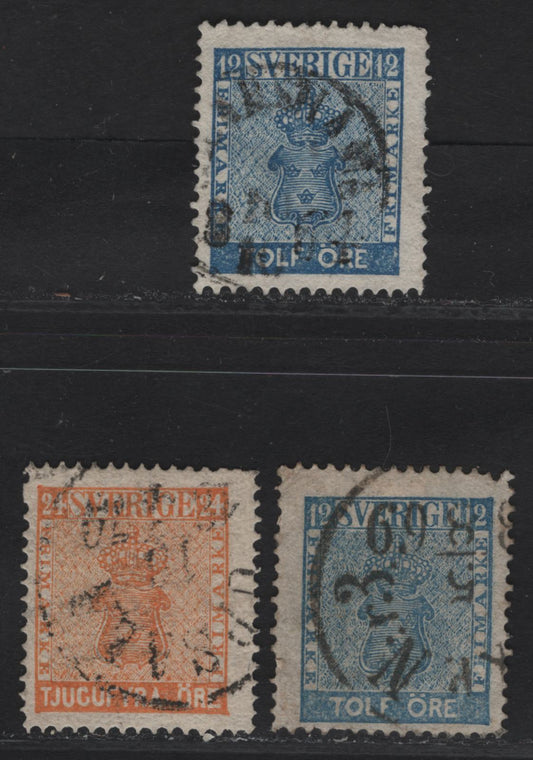 Lot 280 (C) Sweden SC#8, 10 12o - 24o Blue - Orange Arms, 1858-1862 Arms Issue, 3 Fine Used SIngles, Extra Shade Of 12o