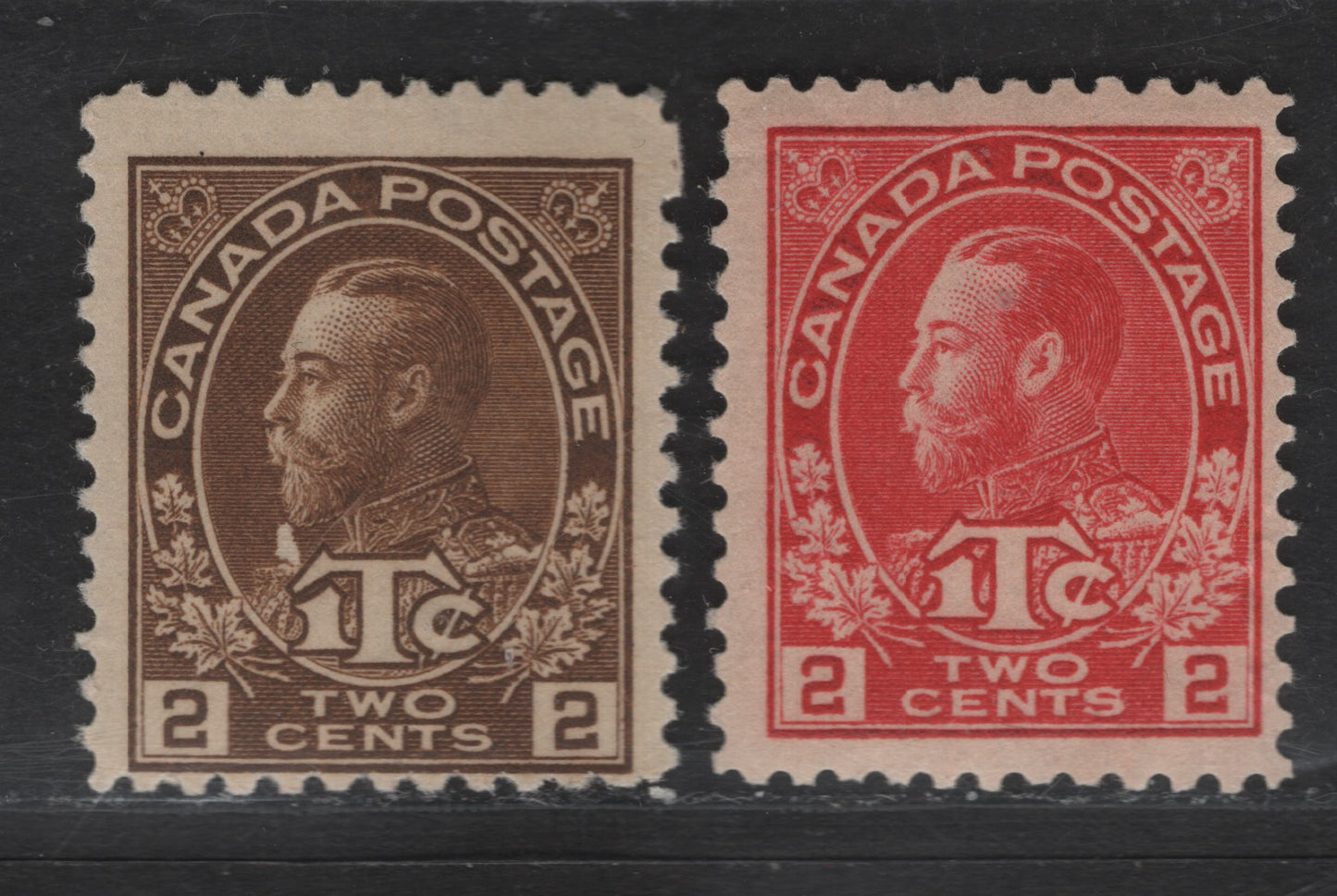 Lot 28 (C) Canada #MR3-MR4 2c+1c Rose Carmine - Brown King George V, 1915-1916 War Tax Issue, 2 FNH Singles, Die 2, Retouched Framelines.