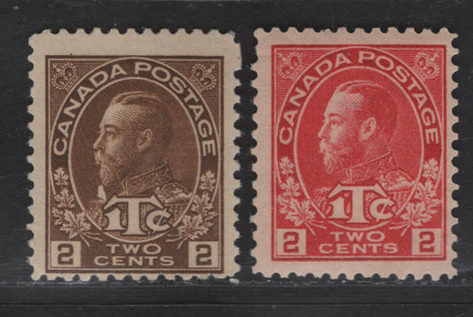 Lot 28 (C) Canada #MR3-MR4 2c+1c Rose Carmine - Brown King George V, 1915-1916 War Tax Issue, 2 FNH Singles, Die 2, Retouched Framelines.