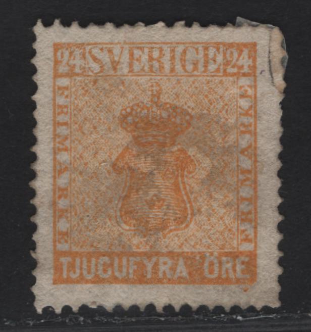 Lot 281 (C) Sweden SC#10a 24o Yellow Arms, 1858-1862 Arms Issue, An Ungraded Partly OG Single, Regummed Mint Example, Repaired Upper Right Corner