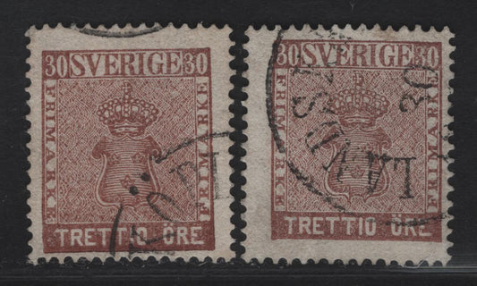 Lot 282 Sweden SC#11, 11b 30o Brown & Rose Red Brown Arms, 1858-1862 Arms Issue, A Fine Used Single