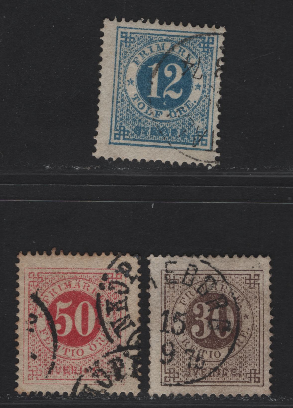 Lot 286 Sweden SC#22, 25, 26a 12o - 50o Blue - Carmine Numerals, 1872-1877 Numeral Issue, 3 Fine Used SIngles, Perf 14