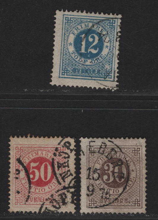 Lot 286 Sweden SC#22, 25, 26a 12o - 50o Blue - Carmine Numerals, 1872-1877 Numeral Issue, 3 Fine Used SIngles, Perf 14