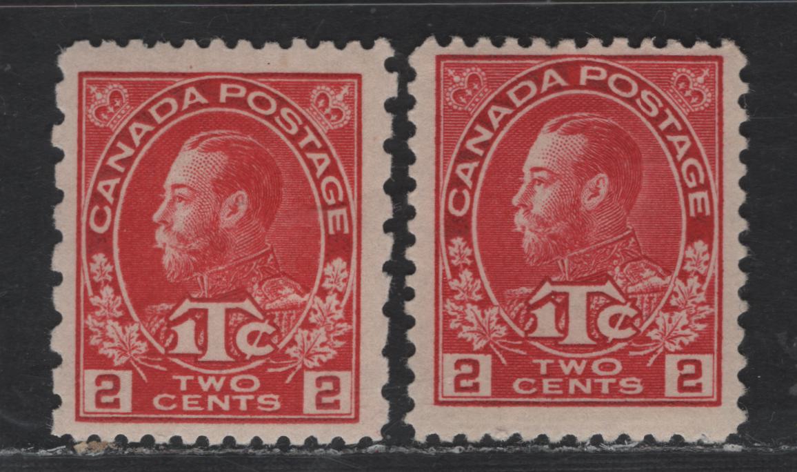 Lot 29 Canada #MR3, MR5 2c+1c Carmine King George V, 1915-1916 War Tax Issue, 2 FOG Singles, Die 1, Perfs 12 & 12x8, Retouched Framelines.