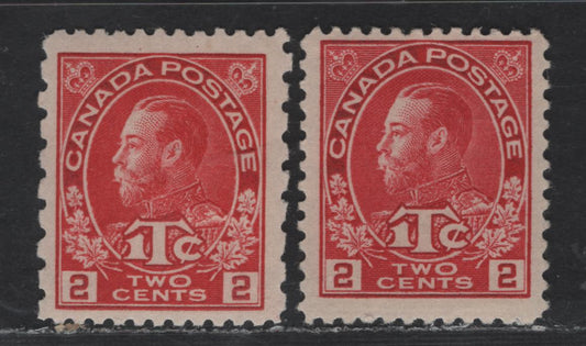 Lot 29 Canada #MR3, MR5 2c+1c Carmine King George V, 1915-1916 War Tax Issue, 2 FOG Singles, Die 1, Perfs 12 & 12x8, Retouched Framelines.