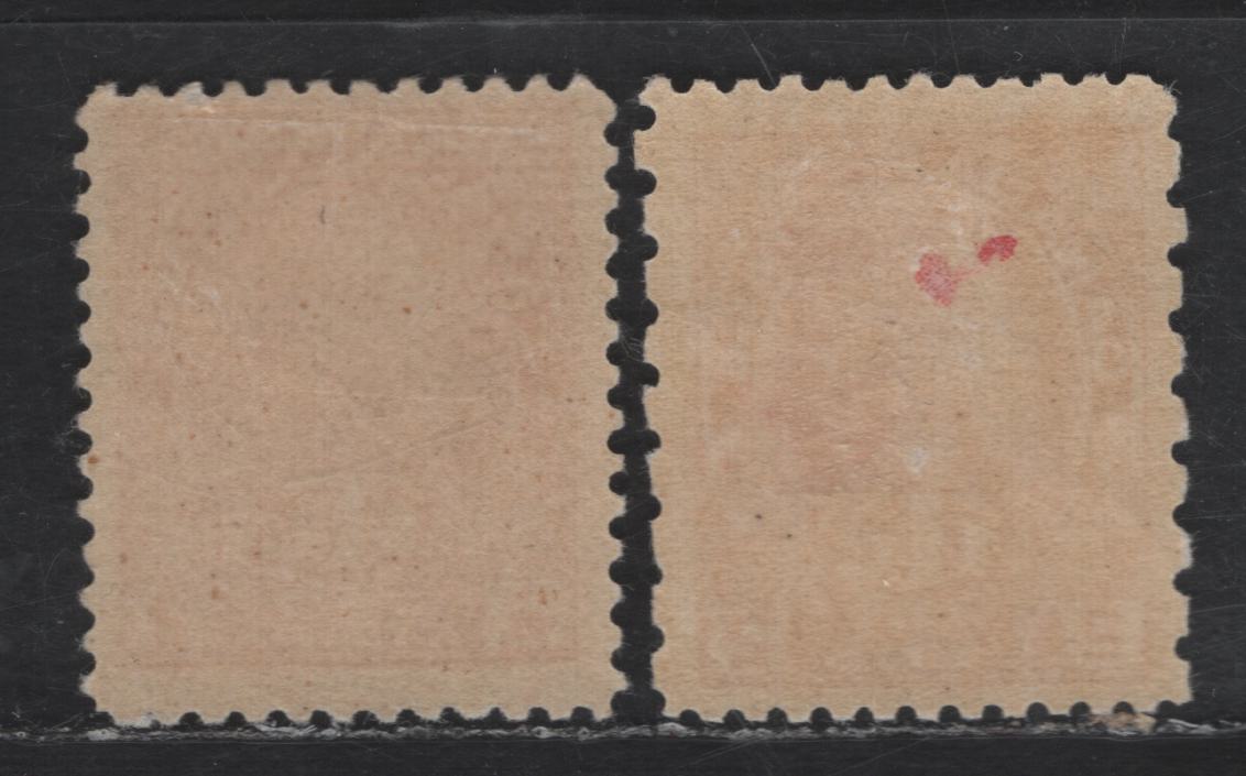 Lot 29 Canada #MR3, MR5 2c+1c Carmine King George V, 1915-1916 War Tax Issue, 2 FOG Singles, Die 1, Perfs 12 & 12x8, Retouched Framelines.