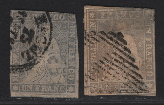 Lot 291 Switzerland SC#30-31 1fr Lavender Struebel, 1855-1857 Struebel Issue, 2 Ungraded Singles, Black & Yellow Silk Threads, Presentable But Faulty Examples Of These Rare Stamps
