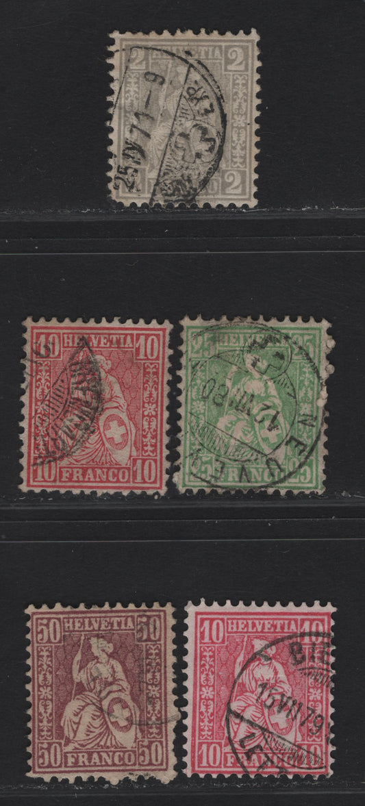 Lot 293 Switzerland SC#41, 53, 55, 59 2c - 50c Gray - Violet Sealted Helvetia, 1862-1878 Seated Helvetia Issue, 5 Fine/Very Fine Used Singles, Includes Two Shades Of 10c
