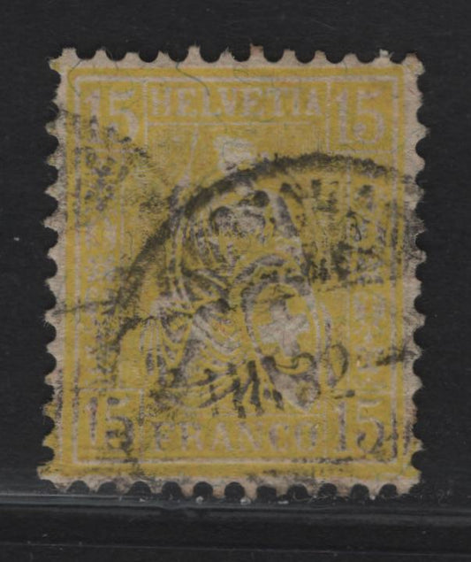 Lot 295 Switzerland SC#63 15c Lemon Sealted Helvetia, 1881 Seated Helvetia Issue, A Fine Used Single, Smudgy 1882 Cancel, Granite Paper, Appears To Be Genuine, Scarce Stamp Used, But Should Be Certified.