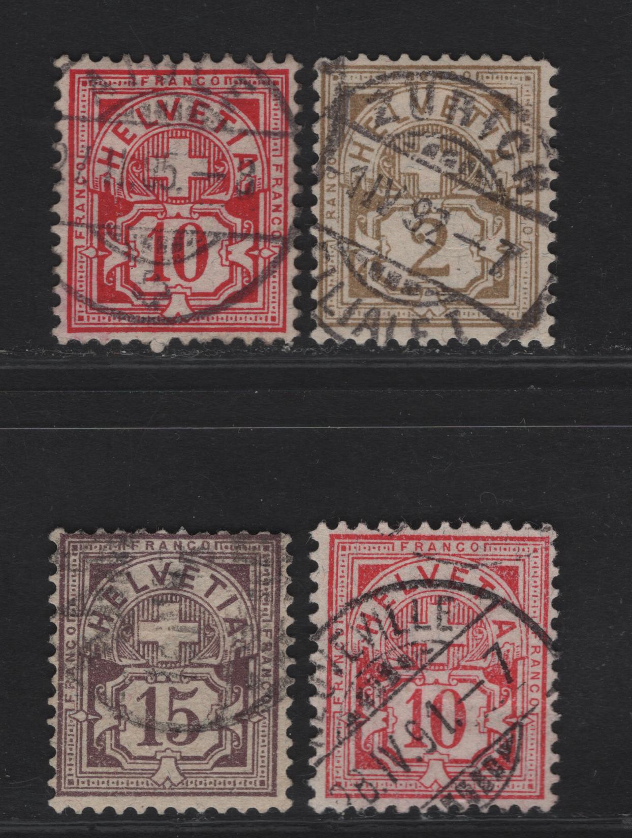 Lot 296 (C) Switzerland SC#69a, 73a, 76b 2c - 15c Olive Brown - Dull Purple Numerals, 1882-1899 Numeral Issue, 4 Fine/Very Fine Used Singles, Thick Cross Wmks (Type 1), Granite Paper