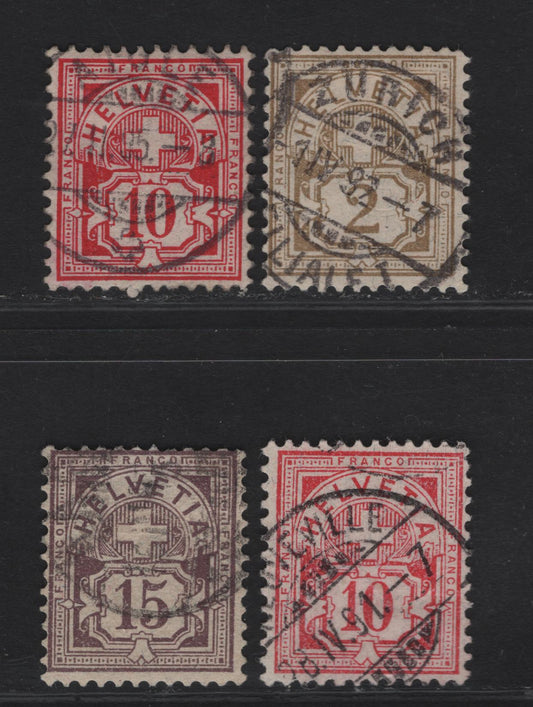 Lot 296 (C) Switzerland SC#69a, 73a, 76b 2c - 15c Olive Brown - Dull Purple Numerals, 1882-1899 Numeral Issue, 4 Fine/Very Fine Used Singles, Thick Cross Wmks (Type 1), Granite Paper