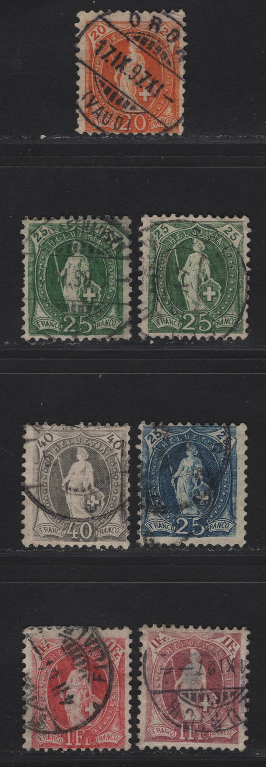 Lot 301 (C) Switzerland SC#82a, 83a, 94, 84a, 87a, 97 20c - 1fr Orange - Carmine Standing Helvetica, 1891-1903 Standing Helvetica Issue, 7 Very Good/Fine/Very Fine Used Singles, Thin Cross Wmk (Type II), Perf 11.5x11