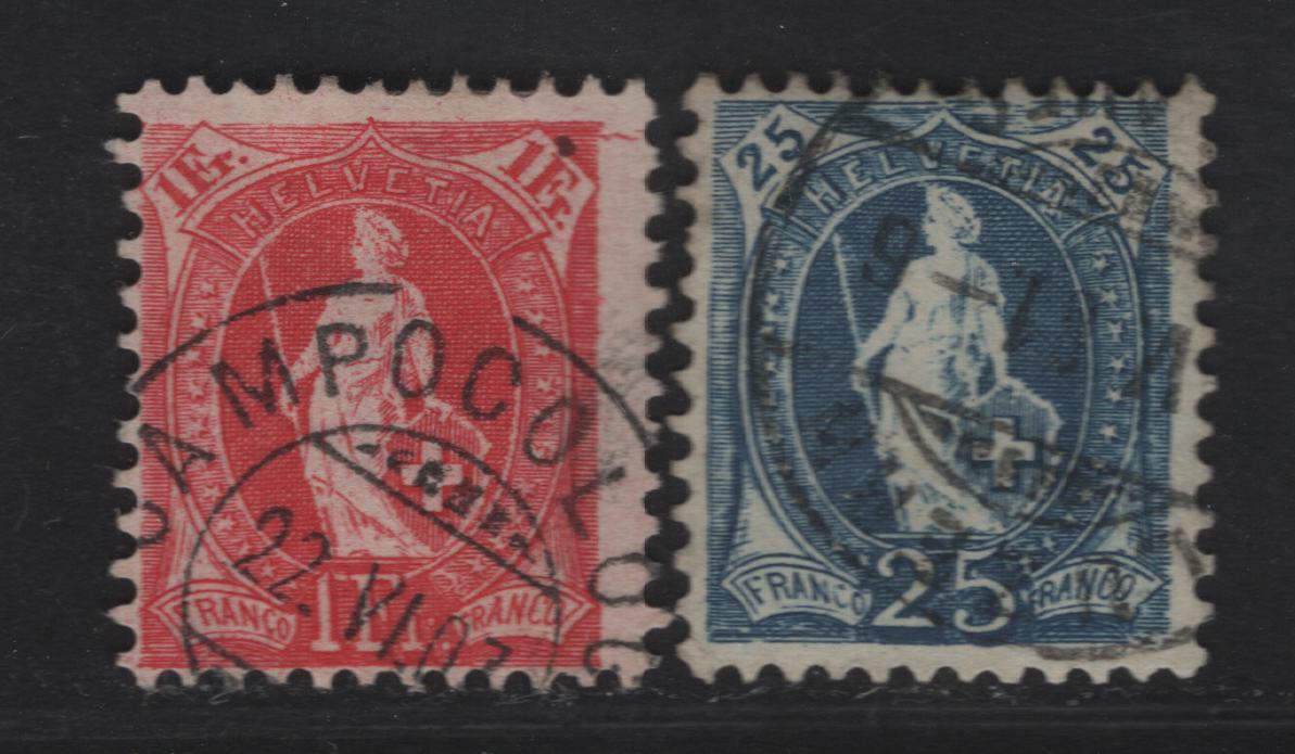 Lot 302 (C) Switzerland SC#106, 110 25c - 1fr Blue - Carmine Standing Helvetica, 1905 Standing Helvetica Issue, 2 Fine Used Singles, Crosses Wmk