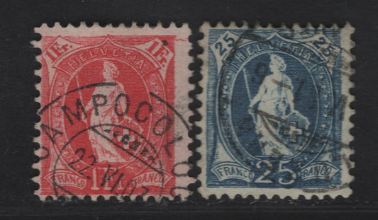 Lot 302 (C) Switzerland SC#106, 110 25c - 1fr Blue - Carmine Standing Helvetica, 1905 Standing Helvetica Issue, 2 Fine Used Singles, Crosses Wmk