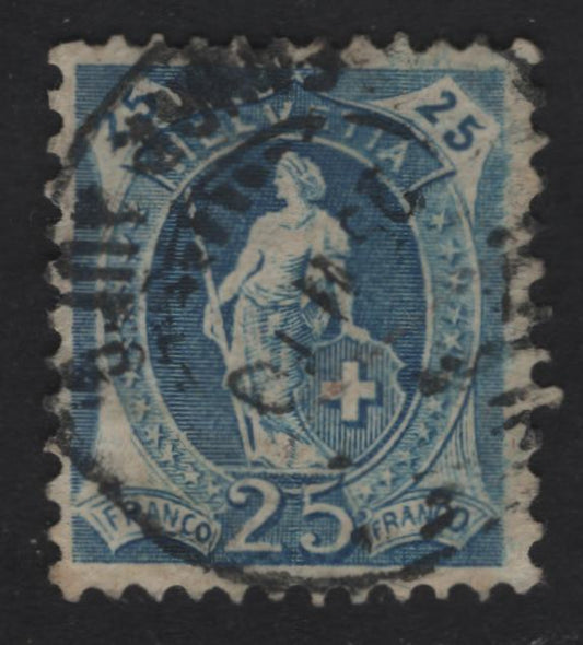 Lot 303 (C) Switzerland SC#120 25c Blue Standing Helvetica, 1907 Standing Helvetica Issue, A Very Fine Used Single, Multiple Crosses Wmk, Granite Paper