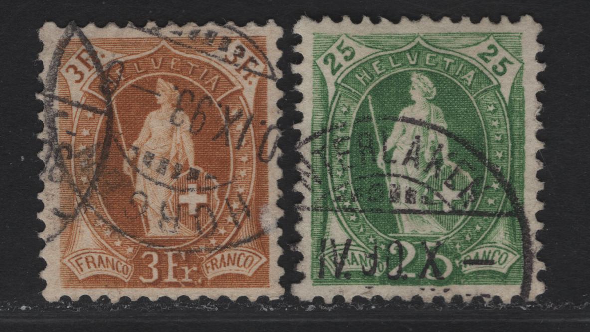Lot 306 Switzerland SC#83, 88 25c - 3fr Green - Yellow Brown Standing Helvetica, 1882-1904 Standing Helvetica Issue, 2 Very Fine Used Singles, Thick Cross Wmk, Perfs 11.5-11.75